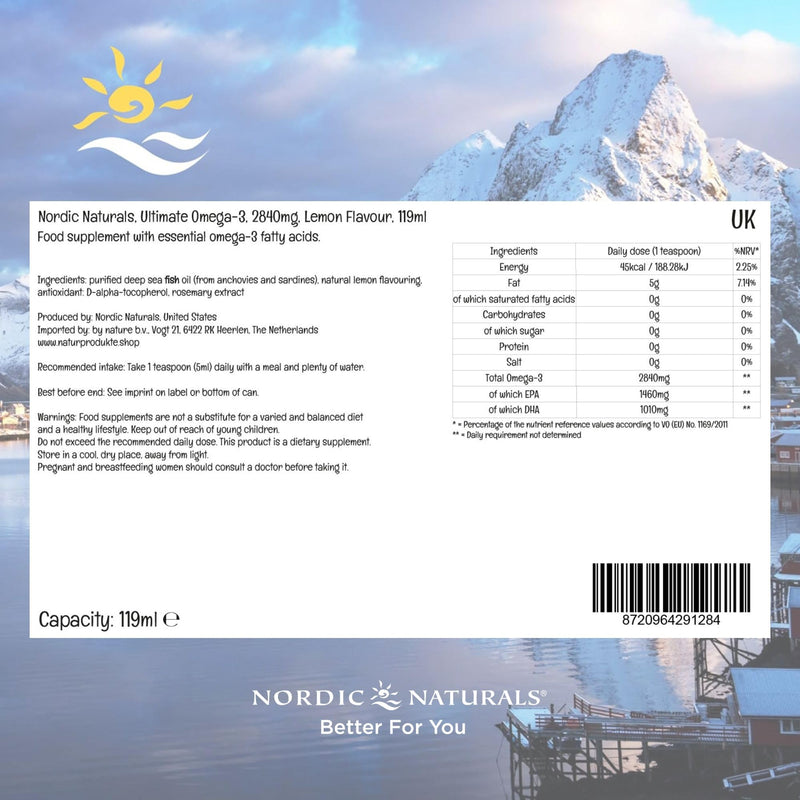Nordic Naturals Ultimate Omega 2840mg, Omega 3 Fish Oil Supplement with EPA and DHA, Lemon Flavour, 119ml, Lab-Tested, Soy Free, Gluten Free 119 ml (Pack of 1)