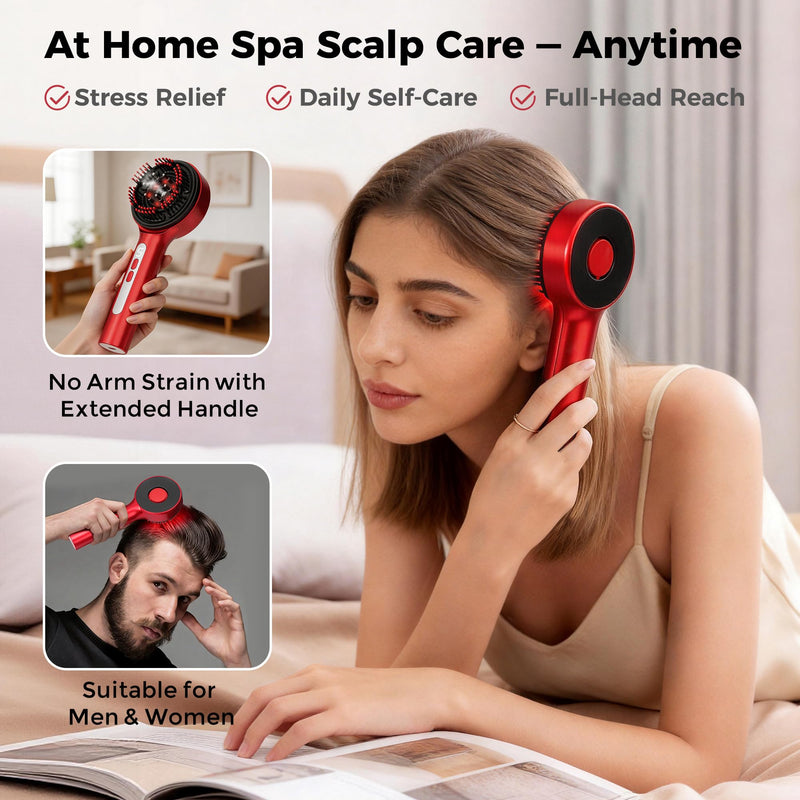 Cordless Electric Scalp Care Comb with Refillable Mist Reservoir, 72 Flexible 3D Comb Tips, 5 Intensity Levels, USB-C Rechargeable Portable Hair Care Tool for Home and Travel Red