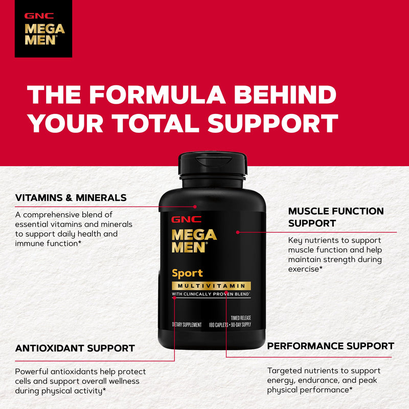 GNC Mega Men Sport Multivitamin for Men | Performance, Muscle Function, and General Health | 180 Count 180 Count (Pack of 1)