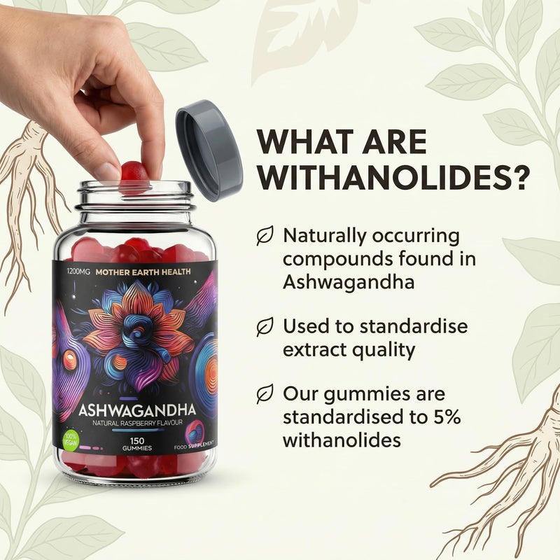 Ashwagandha Gummies 1200mg – 150 Gummies – 2.5 Months Supply - 5% Withanolides – Natural Raspberry Flavour – High Strength - Stress Relief & Mood Support – Vegan, Non-GMO, Gluten Free