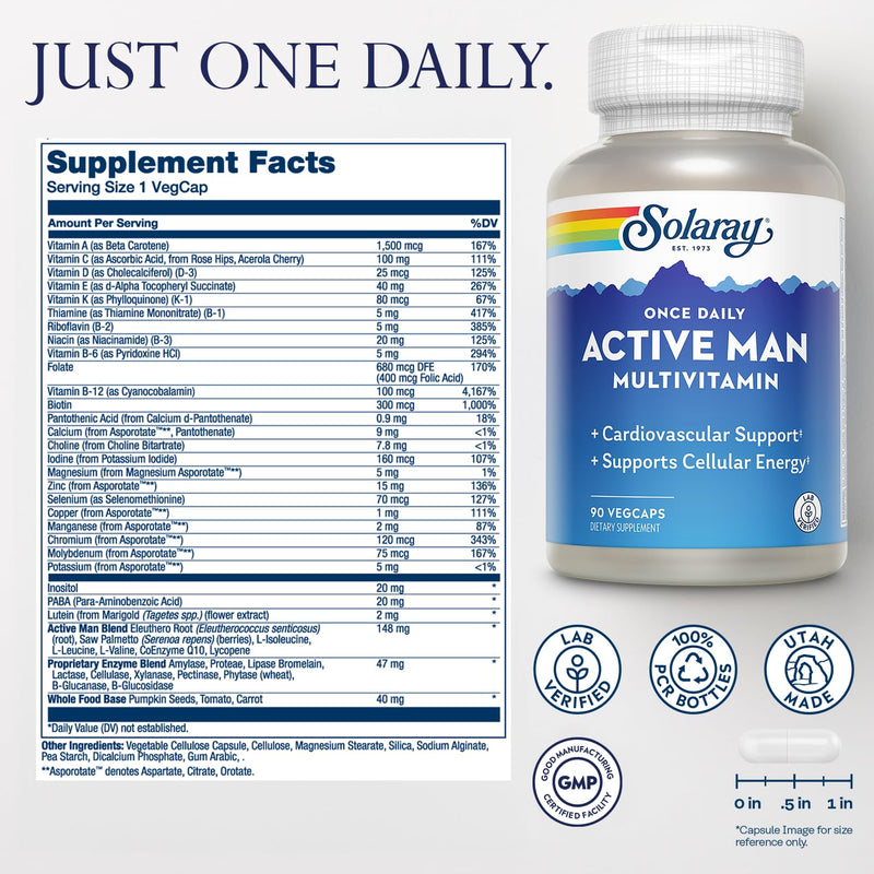 SOLARAY Once Daily Active Man Multivitamin, 90 VegCaps | Cellular Energy, Immune & Men's Health Support, Vitamins, Minerals, Digestive Enzymes & More, 90 Servings, Lab Verified Unflavored 90 Count (Pack of 1)
