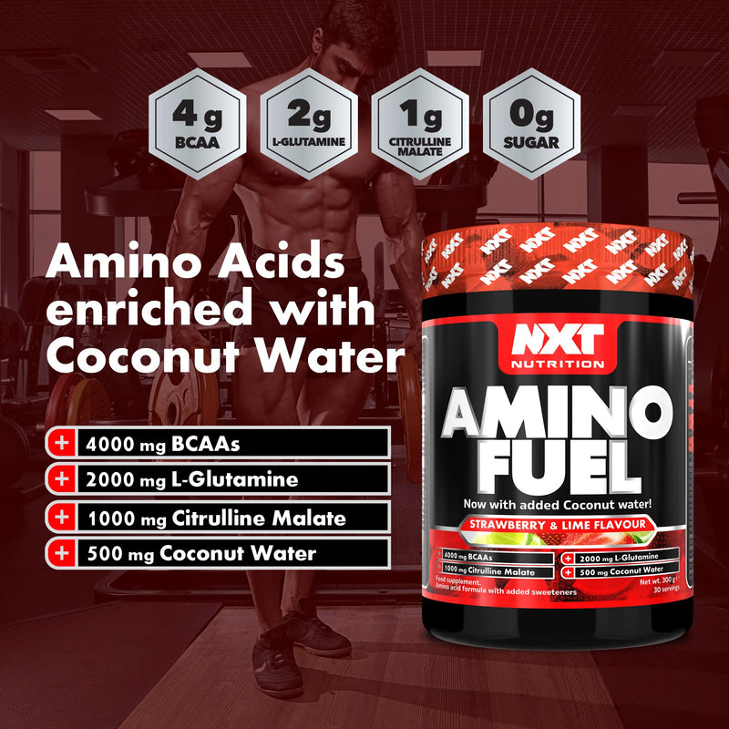 NXT Nutrition Amino Fuel Energy Drink | BCAAs Amino Acids with Beta Alanine, Vitamin D3 and Citrulline Malate – for Performance, Endurance and Energy Support | (Strawberry Lime)