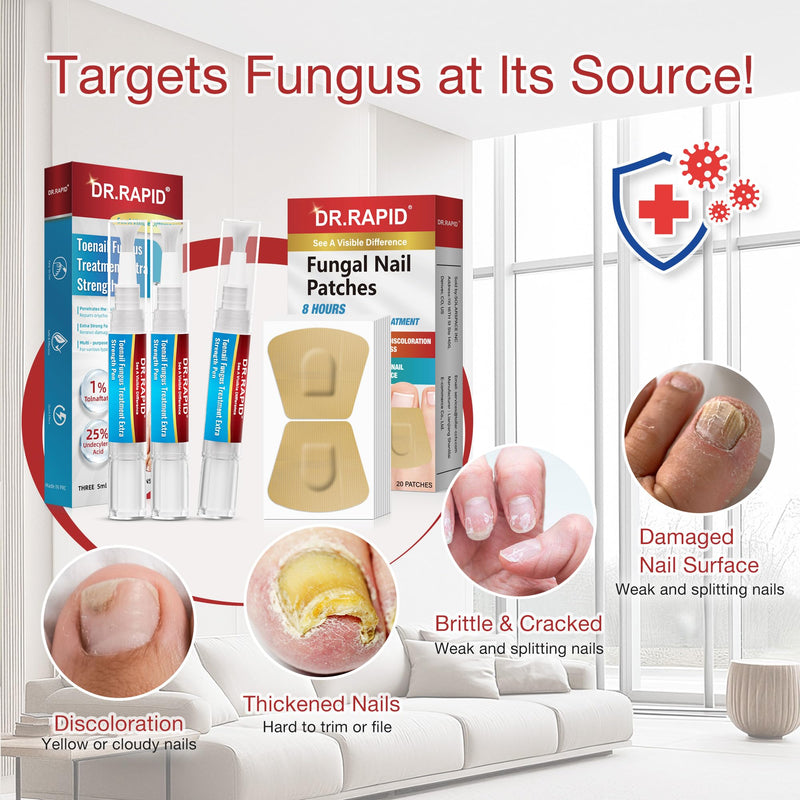 Toenail Fungus Treatment Extra Strength - DR.RAPID Toenail Fungus Treatment Pen & Fungal Nail Patches, Day and Night Fungal Nail Treatment Set, Ideal for Nail Repair for Damaged Nails Toenail Fungus 0.1 Fl Oz (Pack of 20)