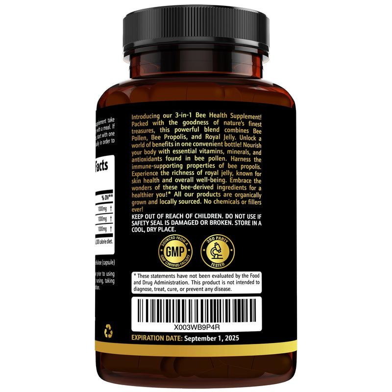 [Australia] - 3-in-1 Bee Pollen Organic 840mg (180 Caps) W/ 840mg Bee Propolis Capsule & 840mg Royal Jelly Capsule - 3rd Party Tested - Bee Pollen Supplement - Organic Bee Pollen Capsule -No Fillers 