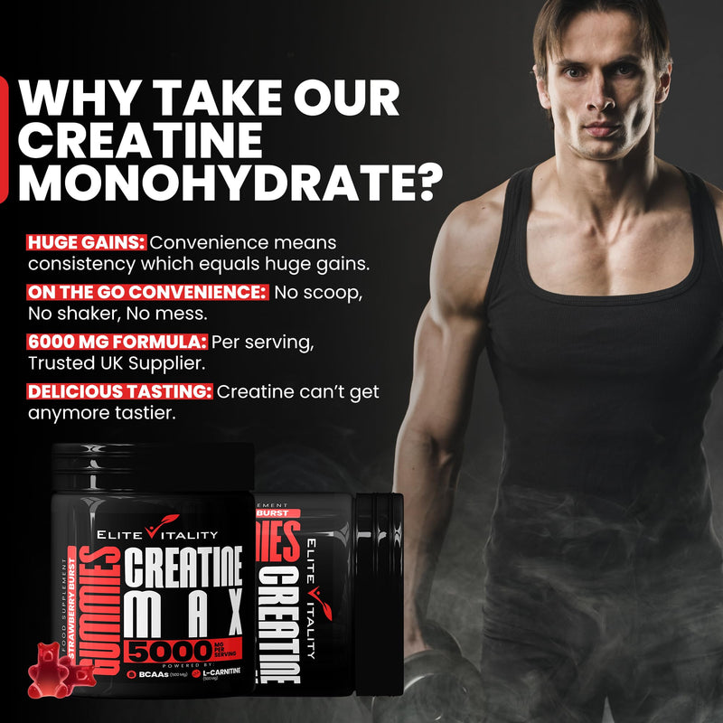 Creatine Monohydrate 90 Gummies 5000mg + BCAAs & L-Carnitine – 3rd Party Lab Tested, Vegan, Sugar-Free, Pre Workout Muscle Growth & Recovery Gym Supplement for Men & Women – Juicy Strawberry Burst