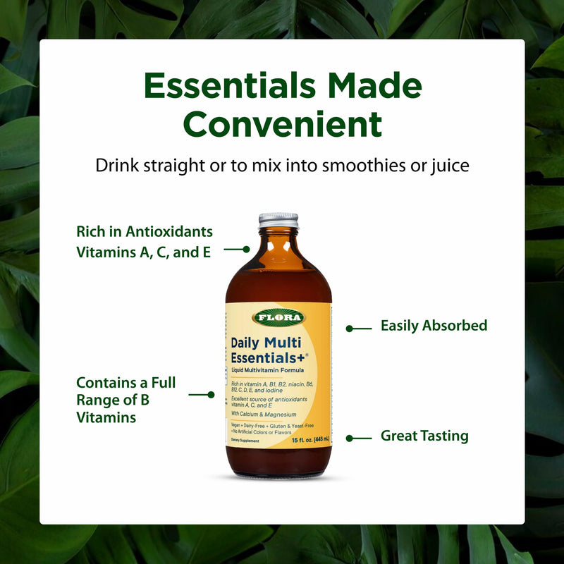 FloraHealth Daily Multi Essentials+, Liquid Multivitamin, 15 fl. oz. Glass | Liquid Multivitamin for Energy, Antioxidant & Immune Health with 13 Vitamins & Minerals, Vegan, Dairy-Free & Gluten-Free 15 Fl Oz (Pack of 1)