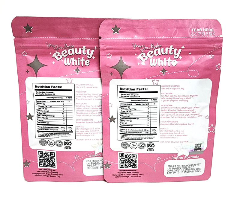 Beauty White 4 in 1 Glutathione Food Supplement, Size 15gram Each (Pack of 2) 30 x 2-60 Capsules