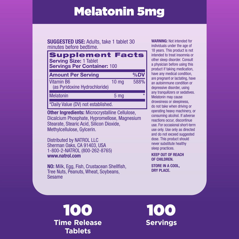 Natrol Time-Release Melatonin 5 mg, Dietary Supplement for Restful Sleep, 100 Tablets, 100 Day Supply Unflavored 100 Count (Pack of 1)