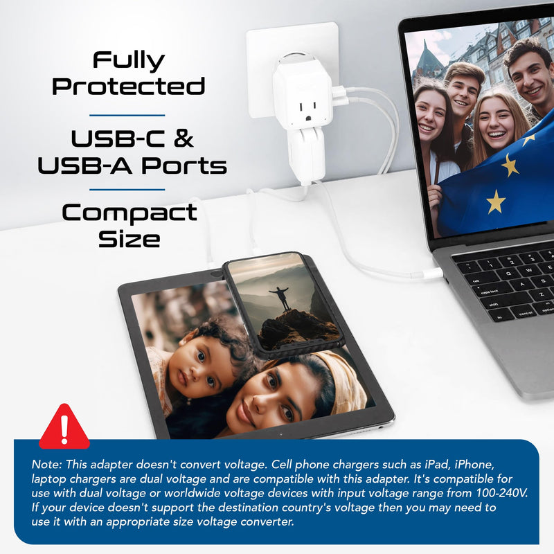 Ceptics International Power Plug Adapter Travel Set, 20W PD & QC, Safe Dual USB & USB-C 3.1A - 2 USA Outlet - Compact - Use Europe, Asia, Africa In Worldwide - Includes 13 Type SWadAPt Attachments Cherry White