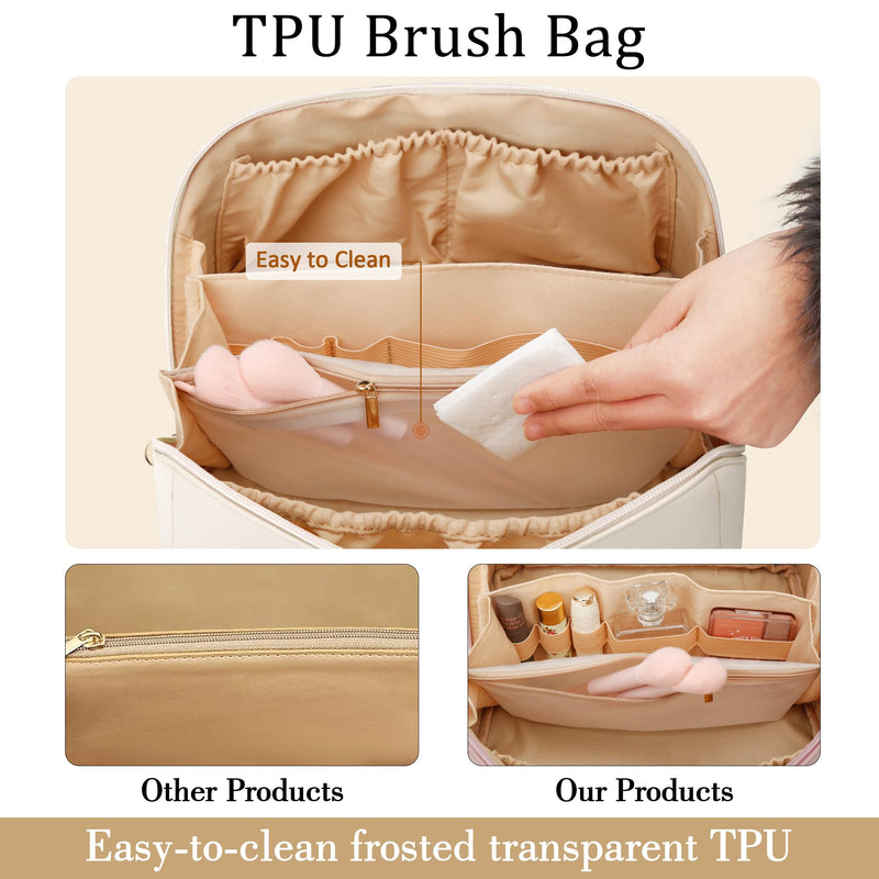 Initial Makeup Bag Personalized Gift for Women Teen Girls | Waterproof PU Leather, Open Flat Design Cosmetic Bag, Multiple Compartments Travel Toiletry Bag (Large Beige, I) Large Beige