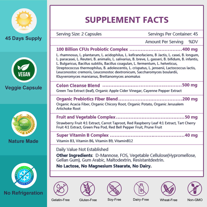 [Australia] - NATURE TARGET Probiotics for Women-Men-Kids Digestive Health, Prebiotics and Probiotics for Women, 100 Billion for Gut and Immune Health, No Refrigeration, 90 Veggie Capsules (45 Days Supply) 