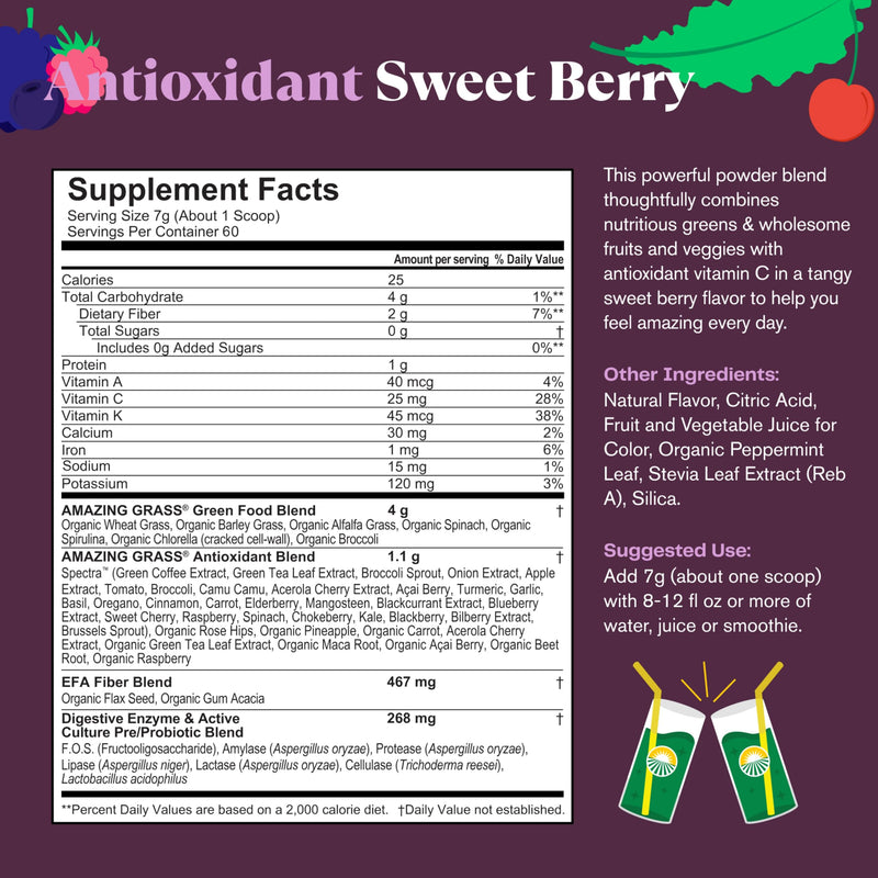 [Australia] - Amazing Grass Greens Superfood Antioxidant: Greens Powder with Organic Spirulina, Beet Root Powder, Elderberry & Probiotics, Sweet Berry, 60 Servings (Packaging May Vary) Antioxidant - Sweet Berry 60 Servings (Pack of 1) 
