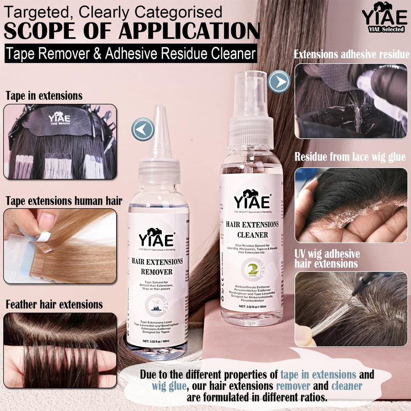 [Australia] - Tape in Extension Remover & Adhesive Residue Cleaner Pro Kit, YIAE Extra Strong Lemon Oil Wig Tape and Adhesive Remover, Wig Glue Remover Tape in Remover Gentle on Skin (100+100 ml) 