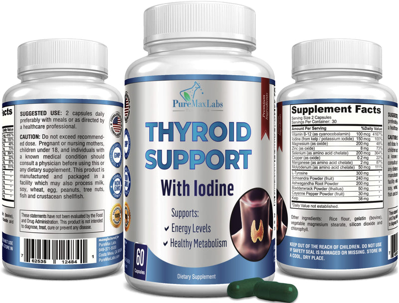 [Australia] - Thyroid Support with Iodine - Metabolism Booster, Energy Booster, Increase Focus - Premium Non-GMO Thyroid Supplement 60 Capsules 