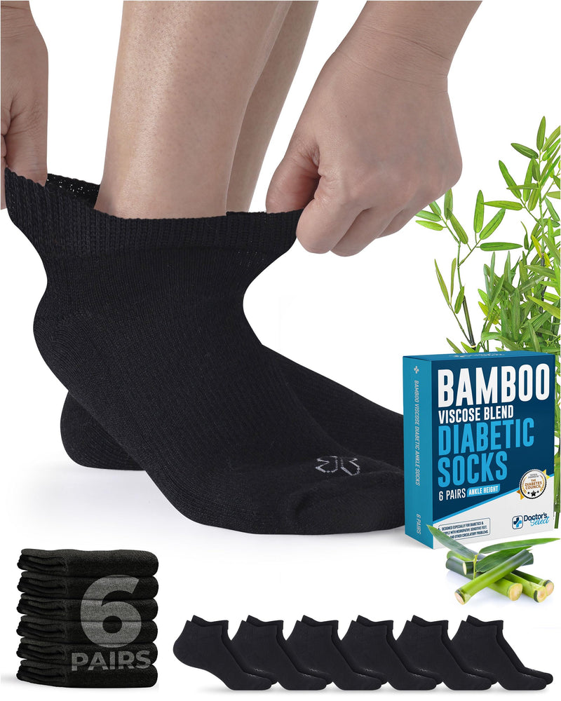 [Australia] - Doctor's Select Viscose Bamboo Ankle Diabetic Socks for Women and Men - 6 Pairs | Super Soft, Non Binding, Loose Wide Top Black - 6 Pairs Large 