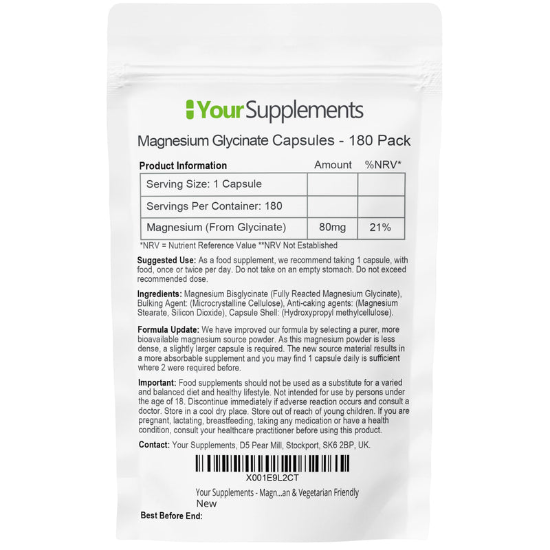 Magnesium Glycinate by Your Supplements | UK Made | True Unblended Bisglycinate | 180 High Absorption Capsules | Suitable for Vegetarians & Vegans 180 count (Pack of 1)