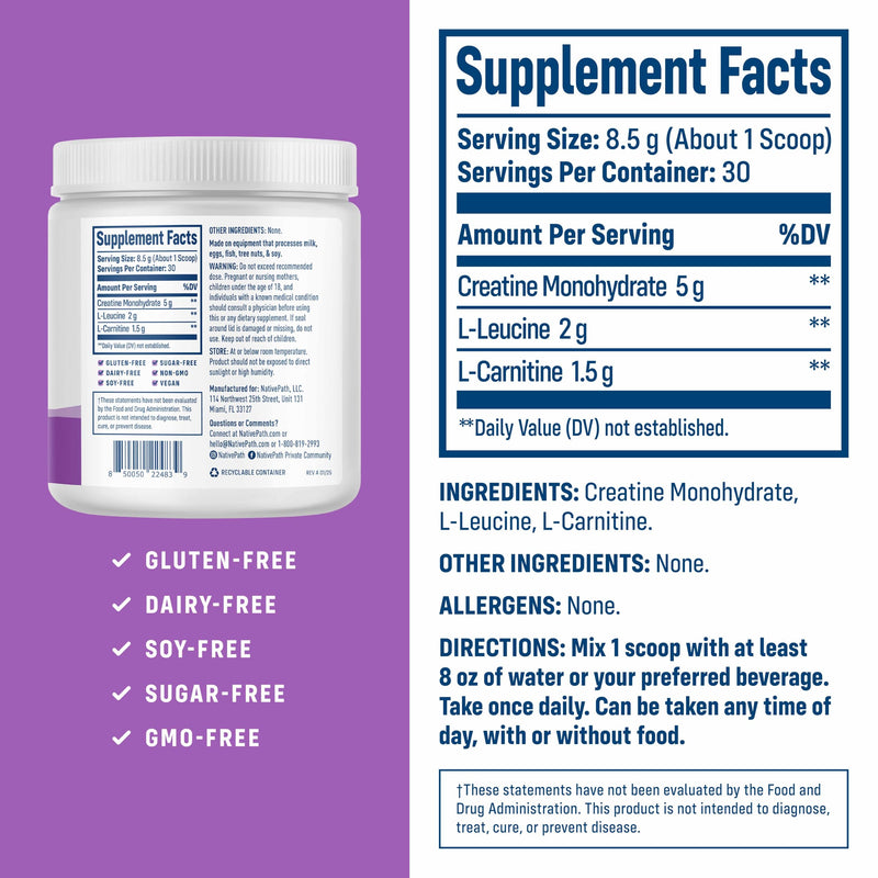[Australia] - NativePath Creatine Monohydrate Powder with L-Leucine & L-Carnitine - Muscle Building Supplement for Men & Women - 30 Servings 
