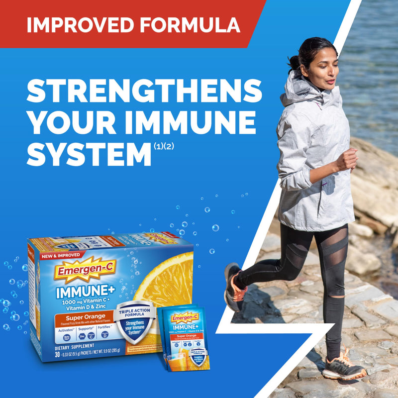 Emergen-C Immune+ Triple Action Immune Support Powder, Super Orange, 50 ct | BetaVia Triple Action, Vitamin D, B Vitamins, Zinc and Manganese, Energy Support, 50 Day Supply 1.03 Pound (Pack of 1)