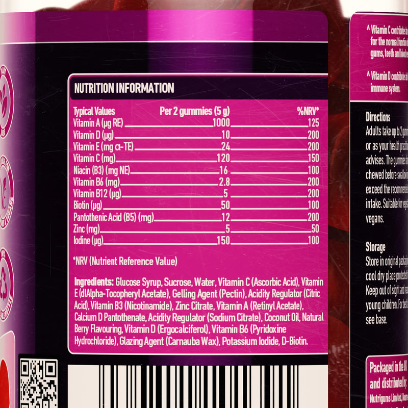 Adult Multi Vitality Gummy | 11 Essential Vitamins & Minerals A,D,E,C,B3,B6,B5,B12,Biotin, Zinc & Iodine | Mixed Berry Flavour | 60 Vegan Gummies | Support Wellbeing & Immune System by NUTRIGUMS®
