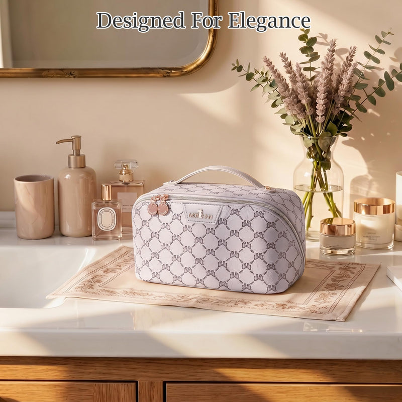 Travel Makeup Bags for Women: 3 Pcs Set Luxury Bow Print Make up Bag - Large Capacity Cute Cosmetic Case - 3–15 Day Travel Toiletry Organizer Bag, Comes with An Gift Box(Moon mist gray) 07 Moon mist gray