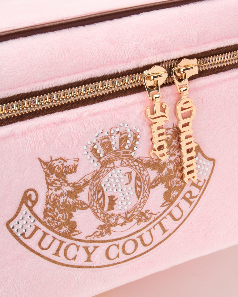 Juicy Couture Pink Makeup Bag Cosmetics Organizer Travel Essentials Train Case Gold Terroir Dog Rhinestone Crown Velour