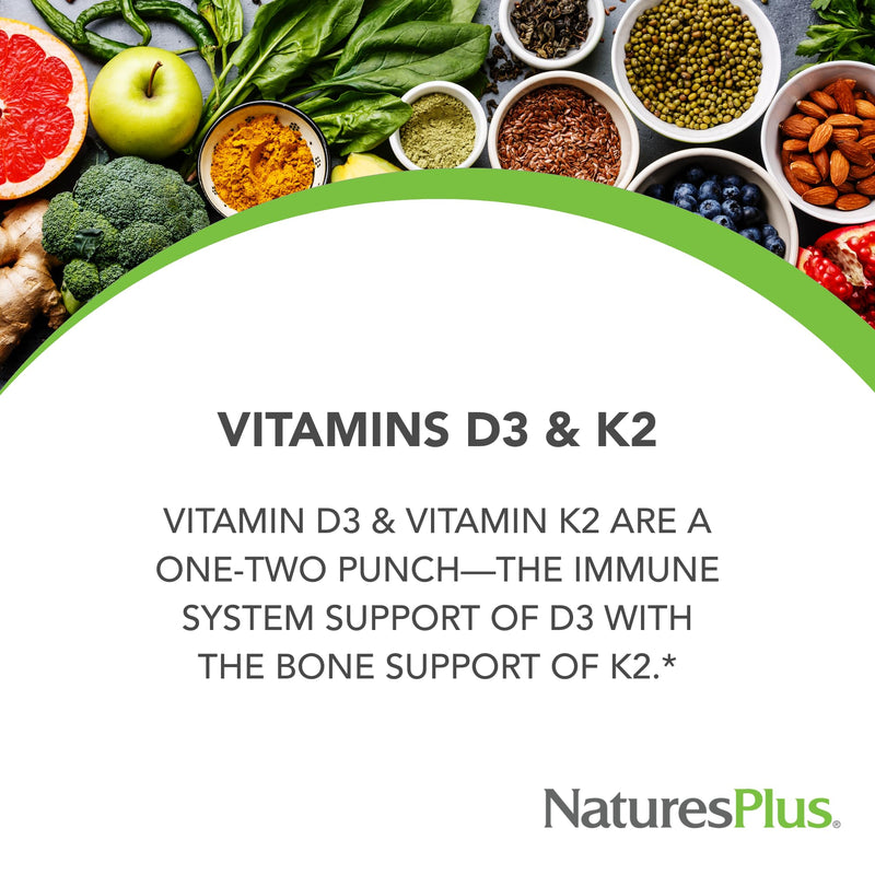 NaturesPlus Vitamins D3 & K2 - 90 Tablets - Promotes Bone Support, Immune Function, Cardiovascular Health & Mood Balance - Vegetarian, Gluten Free - 90 Servings