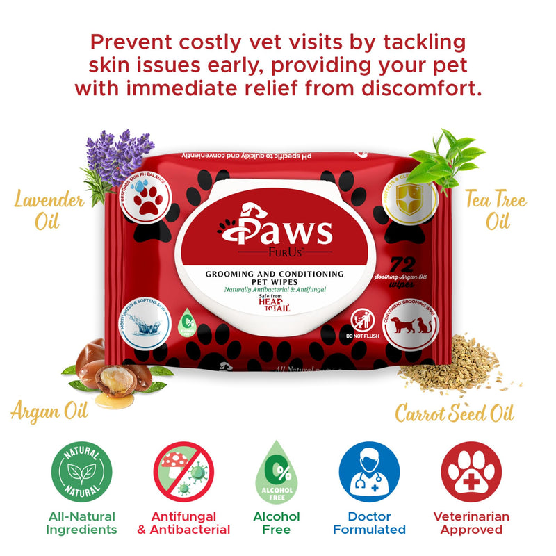 PawsFurUs® All-Natural Pet Wipes for Dogs & Cats - Doctor-Formulated for Total Pet Care with Antifungal & Antibacterial Protection, pH Balancing, Moisturizing, Deodorizing & Fast Itch Relief - 72ct. - PawsPlanet Australia