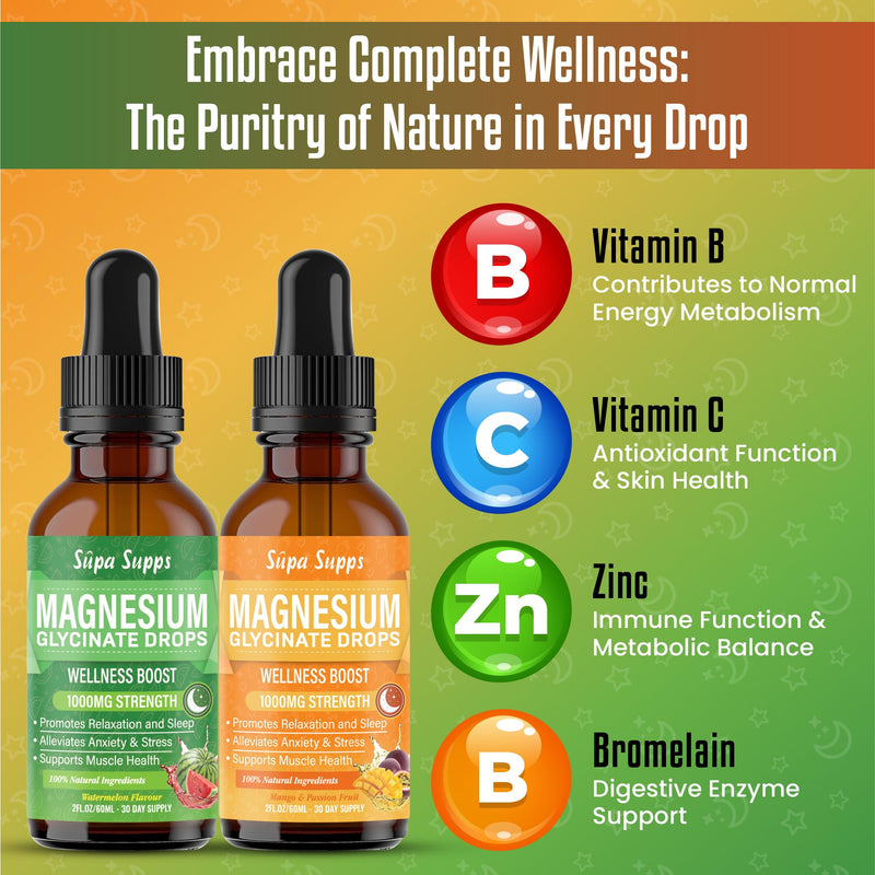 Magnesium Glycinate 120ml- Watermelon + Mango & Passion Fruit Flavour | Supa Supps Magnesium Glycinate 3-in-1 Complex | Fast Absorption, Premium Pure Formula, Easy-to-Take Supplement for Daily Balance 60 ml (Pack of 2)