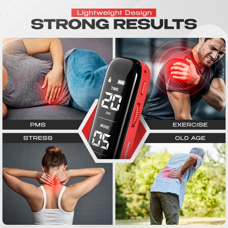 NEOCARBON TENS Unit Muscle Stimulator Slim for Pain Relief, Red | Versatile & Drug-Free Pain Relief, Ultra-Slim & Lightweight, All-in-One Pulse Massager & Muscle Stimulator Kit