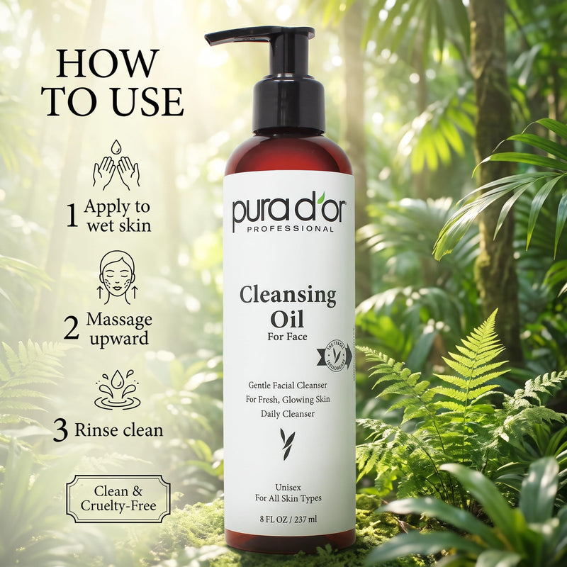 PURA D'OR Facial Cleansing Oil (8 Oz x2 = 16 Oz) Nourishing Botanical Blend with & Vitamin, Jojoba and Sunflower Oil - Gentle Makeup Remover & Deep Cleanser For Healthy, Glowing Skin - Paraben-Free 8 Fl Oz (Pack of 2)
