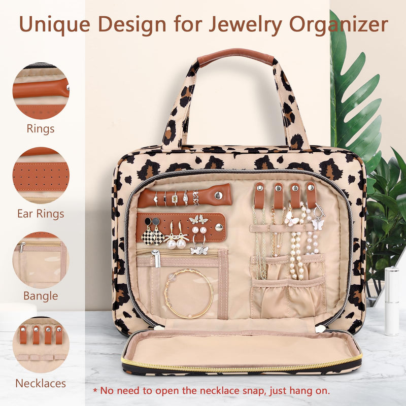 Toiletry Bag for Women, Hanging Travel Toiletry Bag with Jewelry Organizer Compartment Large Makeup Bag, PVC Waterproof Cosmetic Travel Bag Trips Camping Bathroom, Leopard Print