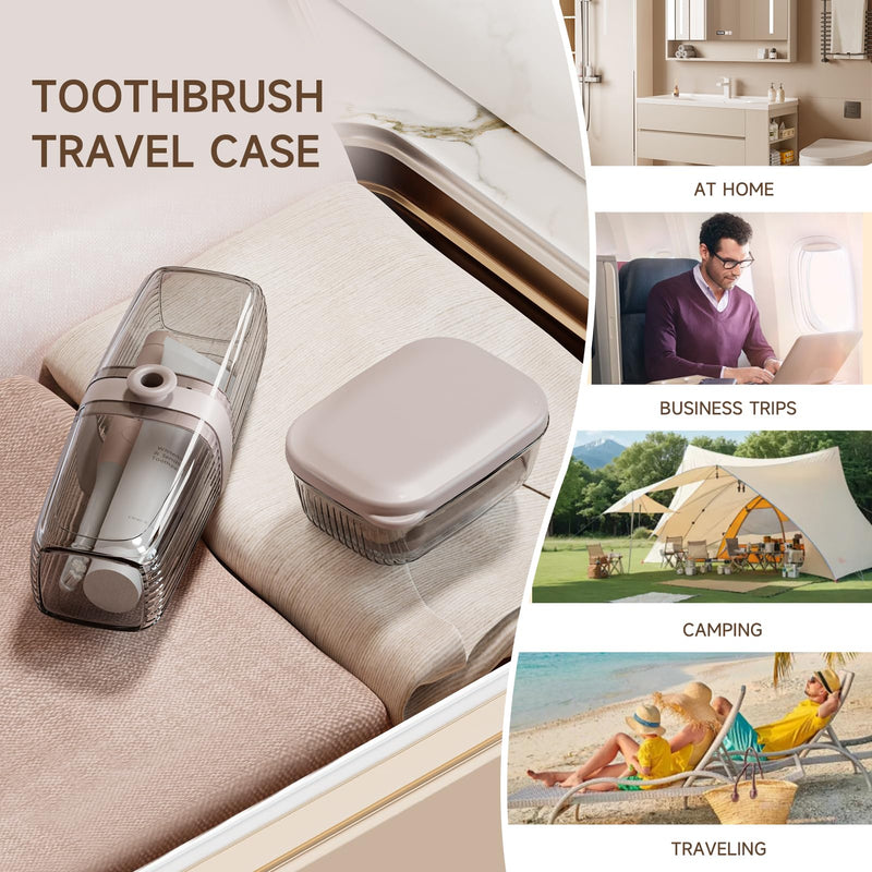 [Australia] - Toothbrush Travel Case, 2 in 1 Toothbrush Holder and Rinse Cup, Large Capacity Toothbrush Cup with Cover, Portable Travel Toothbrush Holder for Traveling, Camping, Trip - 1Pcs - Beige&Clear Clear 