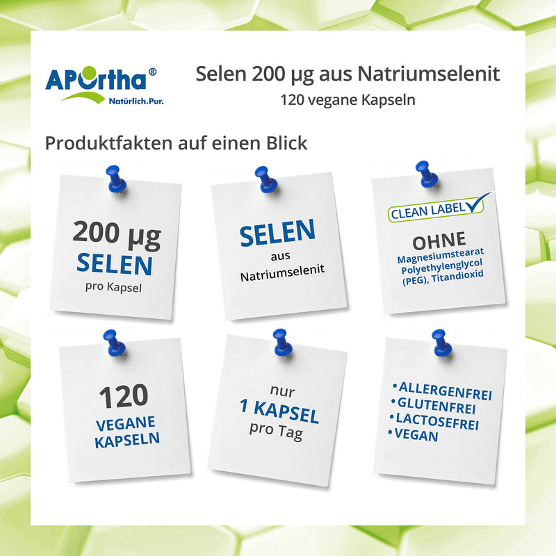 [Australia] - APOrtha® Selenium, 120 vegan capsules with 200µg each made of sodium selenite, high dosage and easy to swallow, allergen-free, vegan, gluten-free, alternative to drops and tablets 