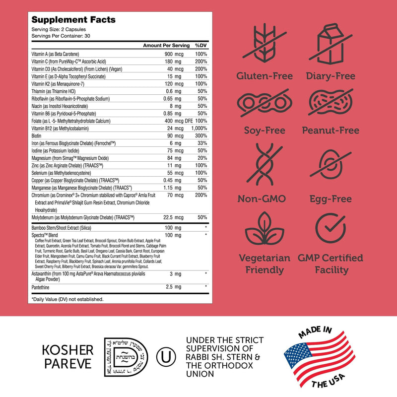 Zahler Multivitamin Beauty + Skin Hair and Nails Support, Multivitamin for Women and Men with Iron, Certified Kosher, 60 Capsules Unflavored