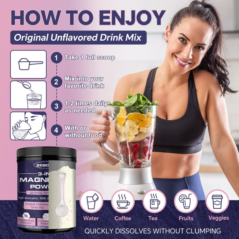 ZEBORA Magnesium Powder for Sleep, Muscle & Brain Health, 10.58oz (300g) | Chelated Magnesium Complex Supplement with Glycinate, Citrate & Malate, Unflavored Drink Mix with Electrolytes,Vegan, NON-GMO 10.58 Ounce (Pack of 1)