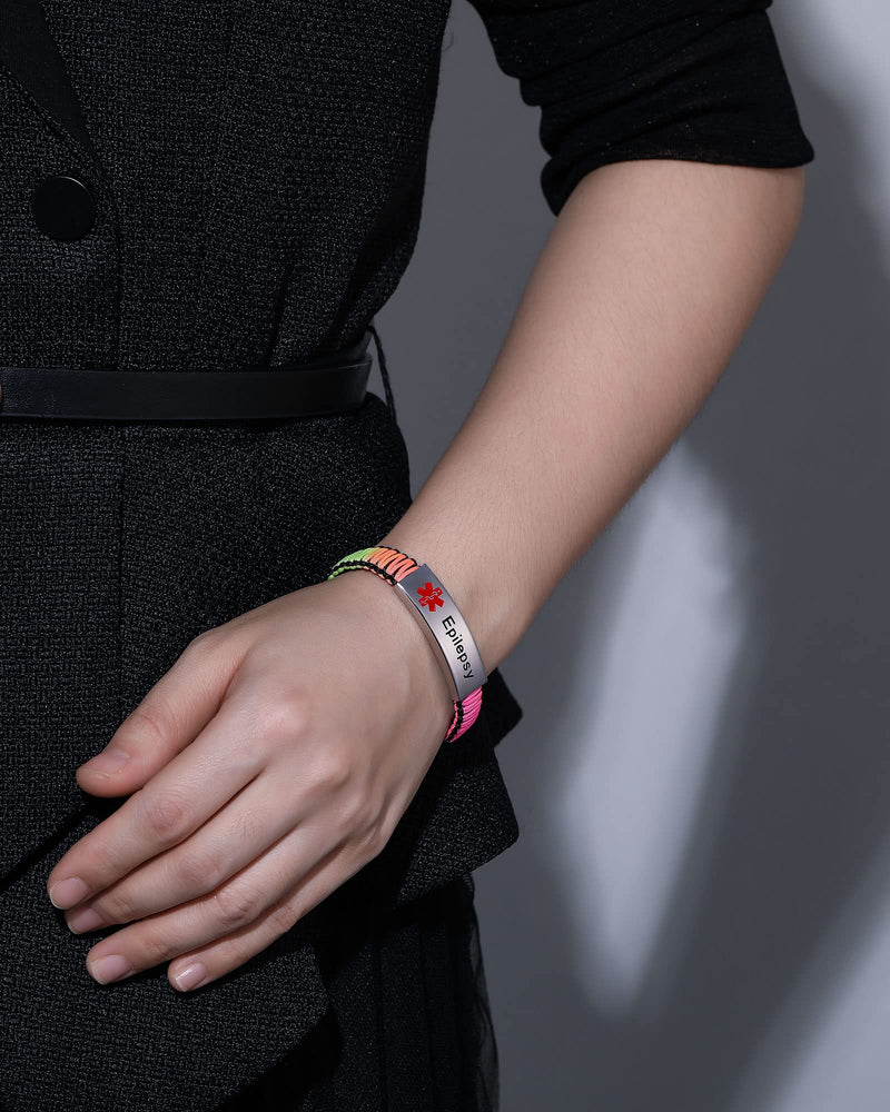 [Australia] - Medical Alert Bracelet for Women | T1D T2D Diabetes Epilepsy Medical Alert ID Emergency Bracelet for Girls & Boys | Handmade Nylon Rope Braided Bracelets, Adjustable Black+Rainbow A_Blood Thinner 