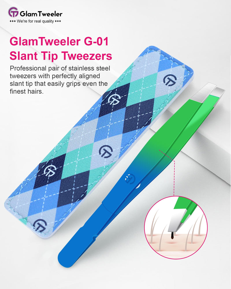 Exclusive G-01 Slant Tip Tweezers, GlamTweeler High Precison Expert Eyebrow and Facial Hair Removal Tweezer with Leather Storage & Carrying Case (Princess Blue & Green) Princess Blue & Green
