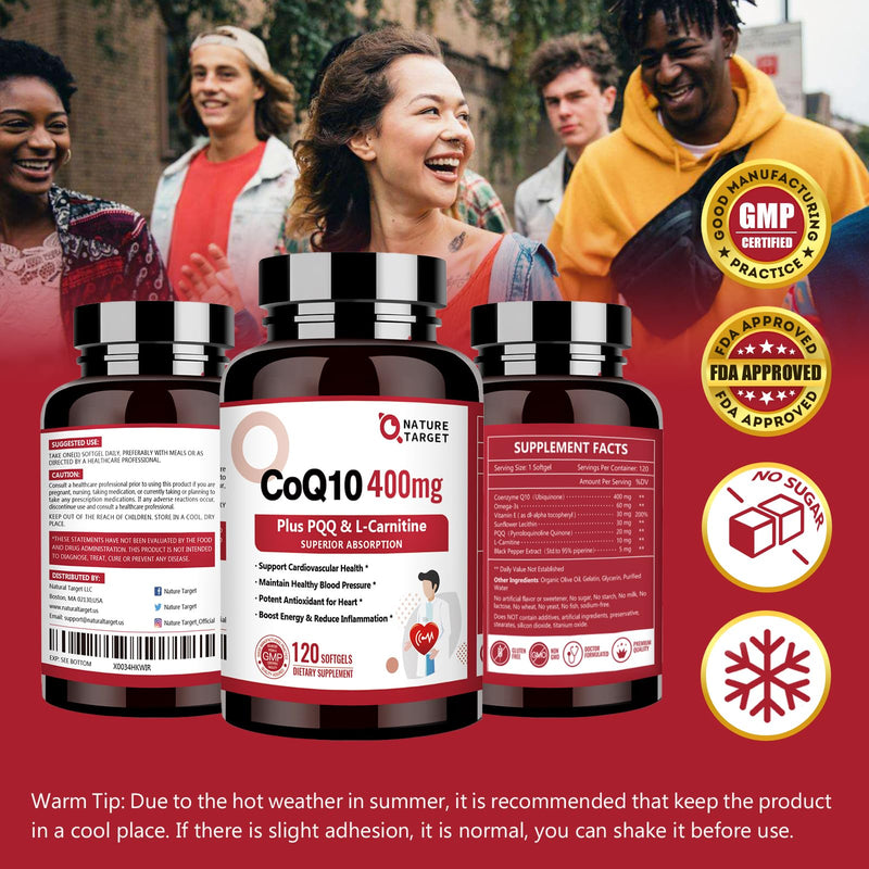 [Australia] - NATURE TARGET CoQ10-400mg with PQQ, Omega-3s & L-Carnitine, High Absorption Coenzyme-Q10 with BioPerine, Supports Heart, Brain, Immune System, Energy Production, 120 Servings 