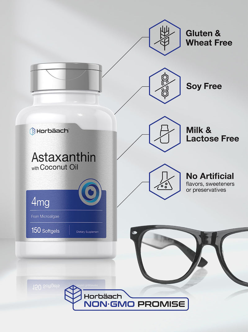 Horbäach Astaxanthin 4mg | 150 Softgels | with Coconut Oil | Supplement from Microalgae | Non-GMO, Gluten Free