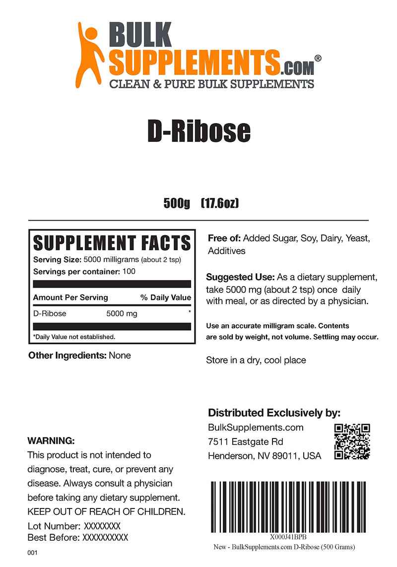 [Australia] - BulkSupplements.com D-Ribose Powder - D-Ribose Supplement, Ribose 5000mg, for Energy Support - Unflavored & Gluten Free, 5000mg per Serving, 500g (1.1 lbs) (Pack of 1) 100 Servings (Pack of 1) 