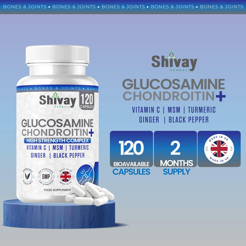 Glucosamine and Chondroitin High Strength Complex with Vitamin C, MSM, Turmeric, Ginger, Black Pepper | 120 Capsules - 2 Month Supply | Joint & Bone Support | UK Made by Shivay Herbals 120 count (Pack of 1)