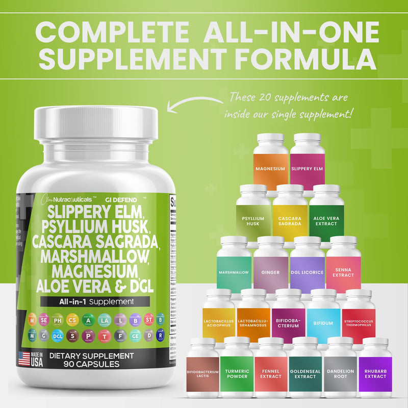 [Australia] - Clean Nutraceuticals Slippery Elm 5000mg Psyllium Husk 2000mg Pre Probiotic Digestive Gut Health Supplement with Aloe Vera Cascara Sagrada 2000mg Marshmallow Root DGL Licorice Senna Extract 