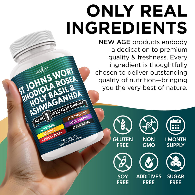 [Australia] - NEW AGE St Johns Wort, Rhodiola Rosea, Holy Basil, Ashwagandha - Support for Women and Men with Vitamin C & Black Pepper Extract - 120 Count 60 Count (Pack of 2) 