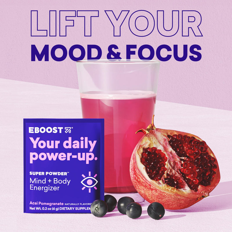 EBOOST SUPER POWDER Drink Mix - Acai Pomegranate 0.2 oz 20 Pack Hydration Energizer Electrolytes Powder - 13 Vitamins & Minerals - 110 mg Caffeine - 0 Added Sugar - No Artificial Flavors or Sweeteners 20 Servings (Pack of 20)