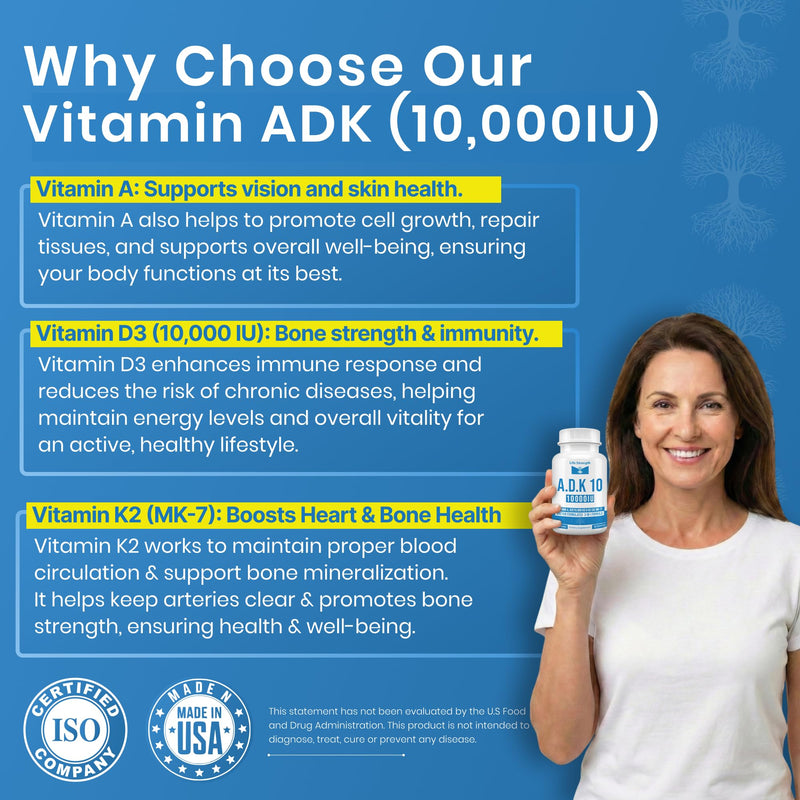 ADK 10 - ADK Vitamin Supplement - 90 Capsules - Maximum Potency Vitamin A, D3 10,000 IU & K2 (MK-7) for Healthy Bone, Heart & Immune Support - Non-GMO, Gluten Free(3-Month Supply) 90 Count (Pack of 1)