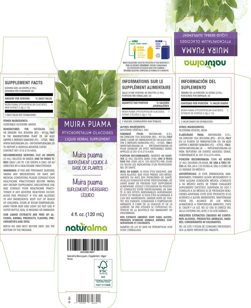 [Australia] - Naturalma Muira puama (Ptychopetalum olacoides) bark Alcohol-Free Tincture - 4 fl oz Liquid Extract in Drops - Herbal Supplement - Vegan 4 Fl Oz (Pack of 1) 
