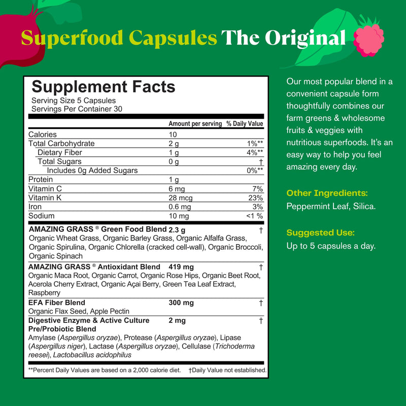 [Australia] - Amazing Grass Greens Blend Superfood Capsules: Super Greens with Organic Spirulina, Chlorella, Beet Root Powder, Digestive Enzymes & Probiotics, 150 Capsules (Packaging May Vary) Greens - Original 150 Count (Pack of 1) 