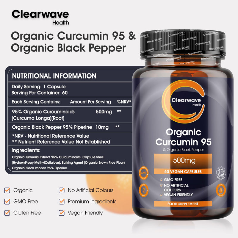 Curcumin 95 | Organic | Curcumin Capsules High Strength with Black Pepper | 500mg Pure Turmeric Curcumin 95 & 10mg Organic Black Pepper | 60 Capsules 2 Month Supply | By Clearwave Health