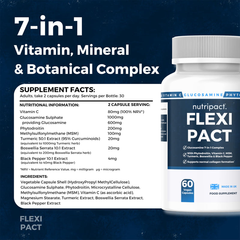 Glucosamine Joint Care Support Supplement 7-in-1 High Strength Complex with Vegan Chondroitin, Turmeric, Vitamin C, MSM, Boswellia Serrata & Black Pepper – 60 Capsules – Flexi Pact by Nutripact