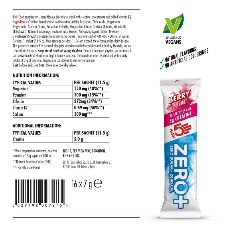 HIGH5 Zero+ Creatine & Electrolytes Hydration Sachets - Sugar Free Electrolytes Powder with 5g Creatine Monohydrate for Performance, Power & Focus - Rehydration Sachets (Berry, 16 x 11.5g) Berry